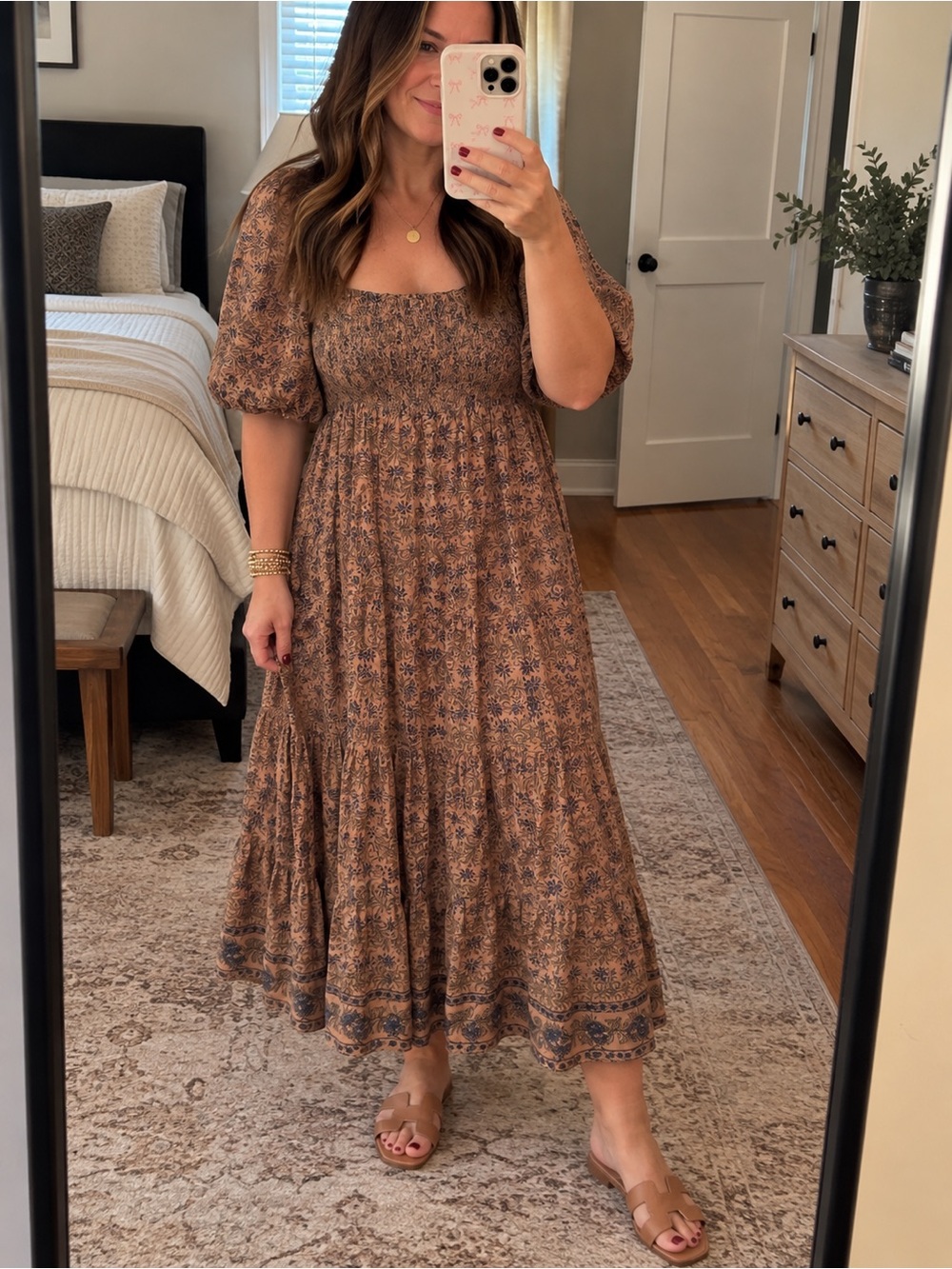 A Loves A Brown Floral Smocked Puff Sleeve Tiered Midi Dress Size S